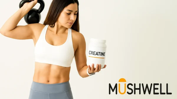 Mujer deportista sosteniendo un bote de creatina MushWell