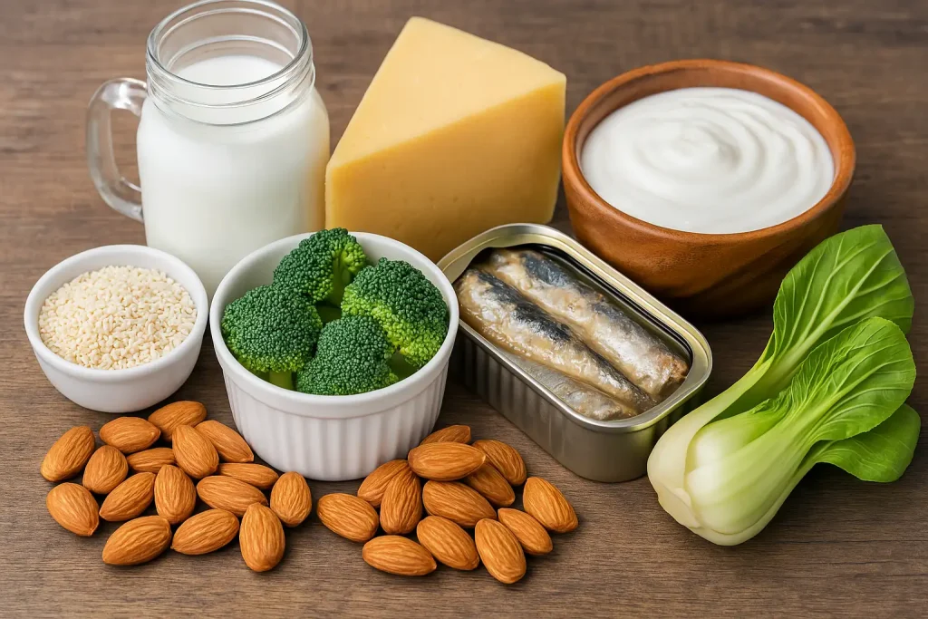 Alimentos ricos en calcio, tanto lácteos (leche, queso, yogur) como opciones vegetales y marinas - brócoli, sardinas, almendras, etc."
