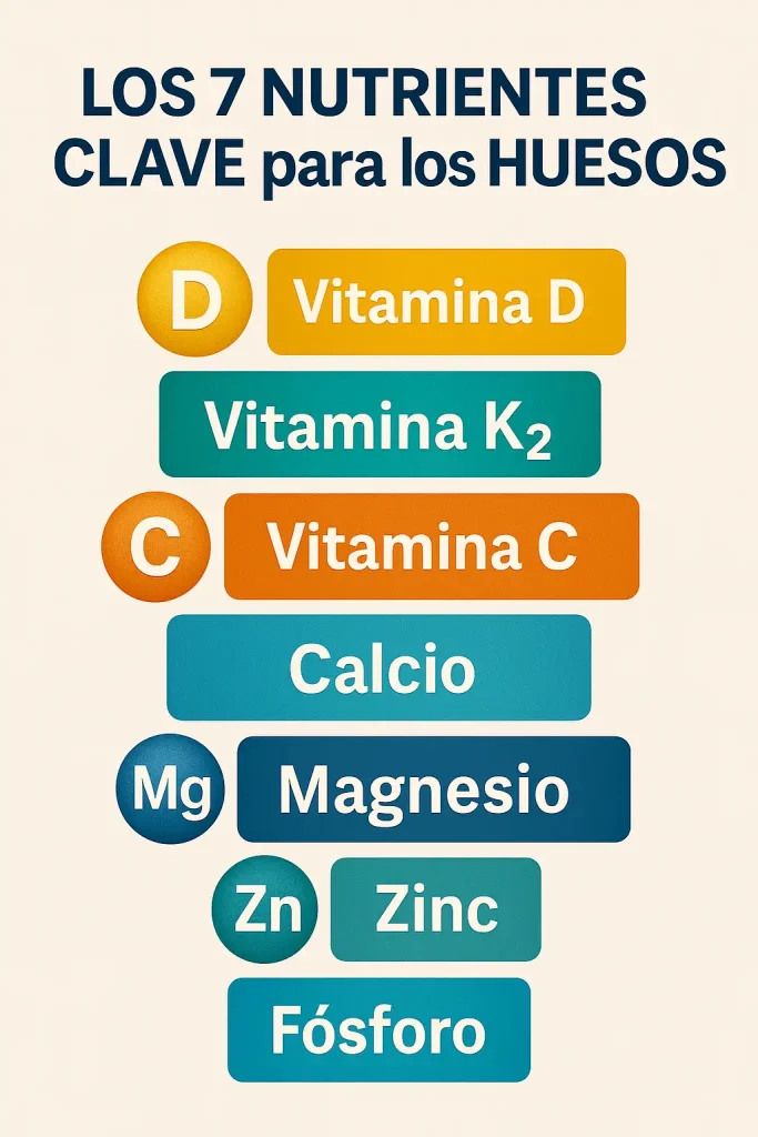 Infografía con los 7 nutrientes clave para fortalecer los huesos: vitamina D, K2, C, calcio, magnesio, zinc y fósforo