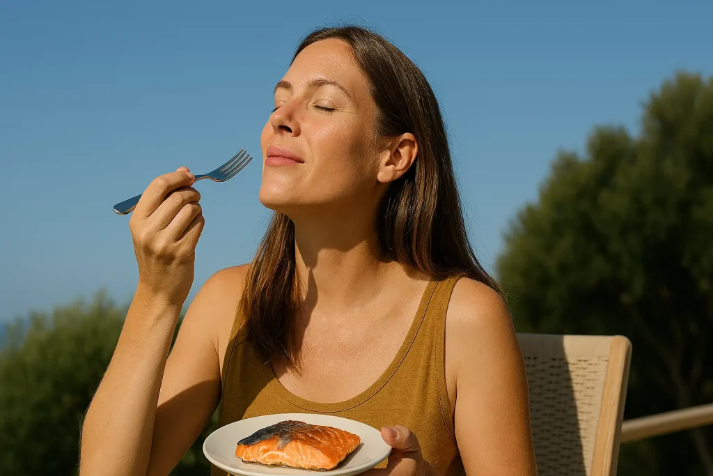 Mujer obteniendo vitamina D del sol y consumiendo pescado rico en vitamina D