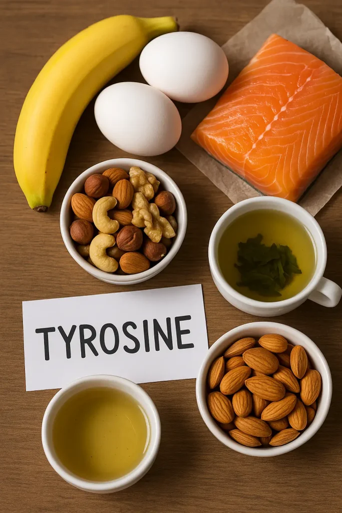 Alimentos naturales con tirosina: plátano, huevos, salmón y frutos secos