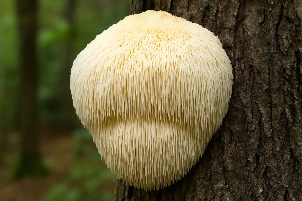 Hongo melena de león (Hericium erinaceus) en estado natural