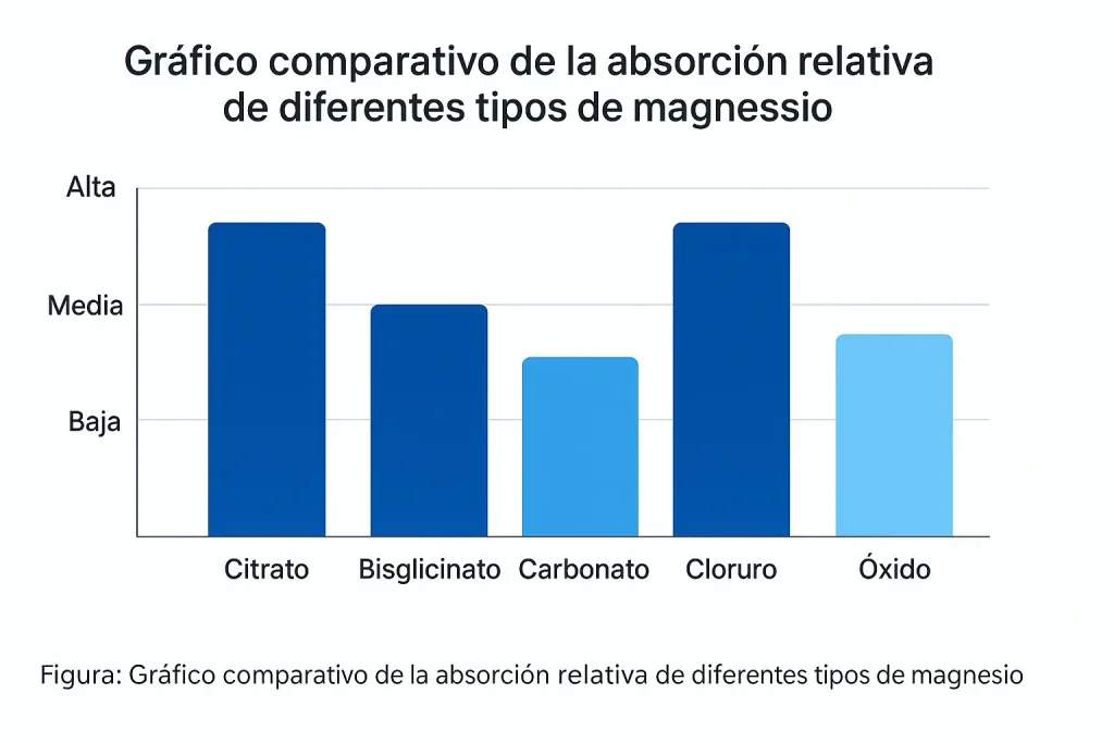 Gráfico de barras que compara la absorción relativa de cinco tipos de magnesio: citrato, bisglicinato, carbonato, cloruro y óxido, clasificados en alta, media o baja.