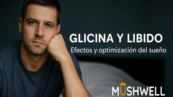 Hombre de 30-40 años con expresión serena, iluminación tenue y fondo estilo biohacker; portada para artículo sobre glicina, sueño y libido en Mushwell.