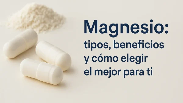 Cápsulas blancas de suplemento sobre fondo beige con polvo de magnesio y texto “Magnesio: tipos, beneficios y cómo elegir el mejor para ti