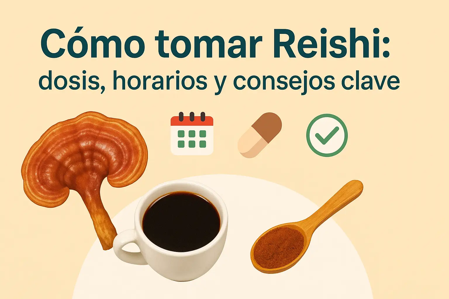 Portada del artículo Cómo tomar Reishi con imagen del hongo Reishi, café, cápsula, calendario y logotipo de Mushwell