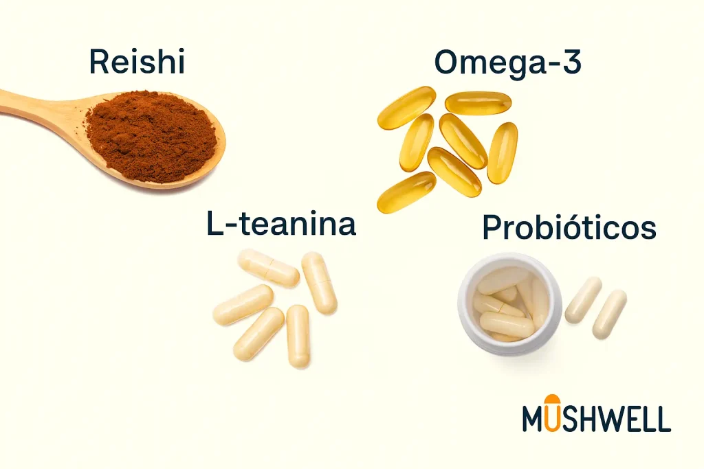 Imagen de suplementos naturales usados para mejorar la salud del eje intestino-cerebro como Reishi, omega-3, L-teanina y probióticos