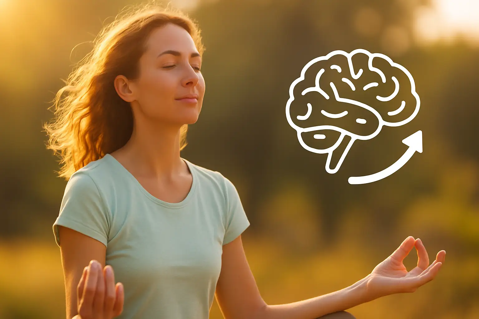 Persona al aire libre meditando con luz solar, simbolizando equilibrio de serotonina de forma natural