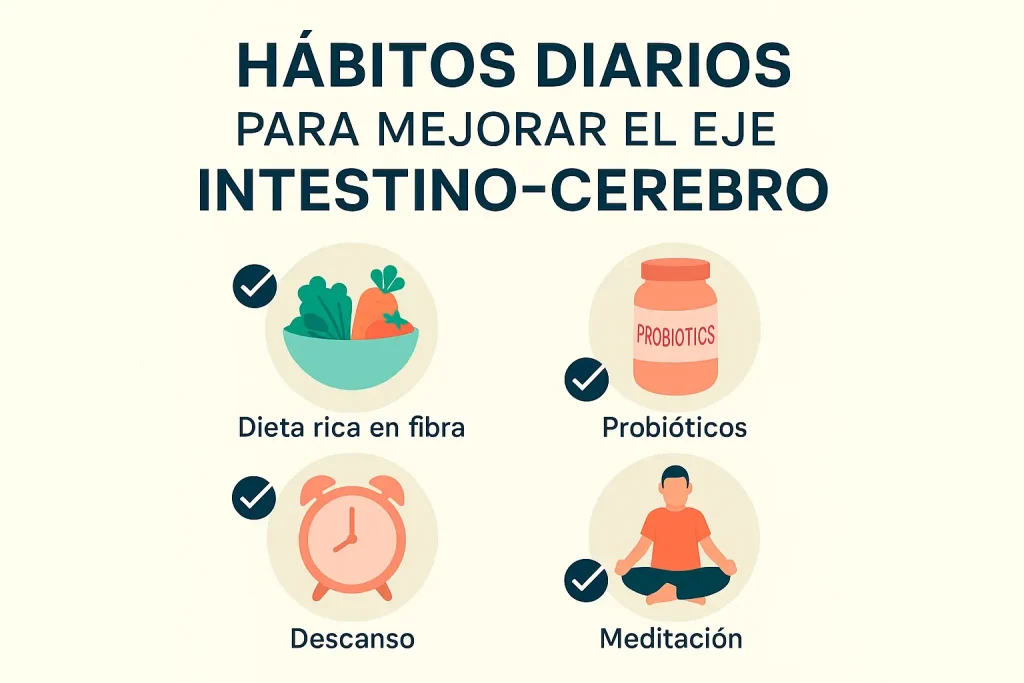 Gráfico integrador que resume la relación entre salud intestinal, microbiota y bienestar mental