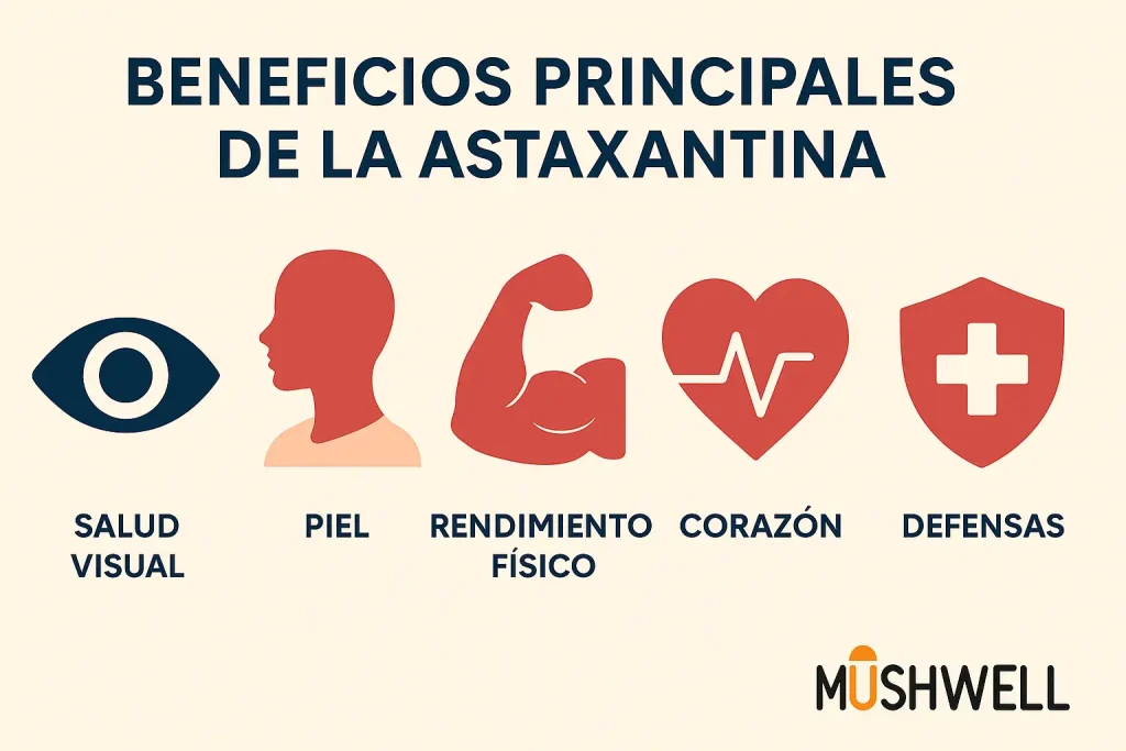 Principales beneficios de la astaxantina: salud visual, piel, rendimiento físico, corazón y defensas.Principales beneficios de la astaxantina: salud visual, piel, rendimiento físico, corazón y defensas.