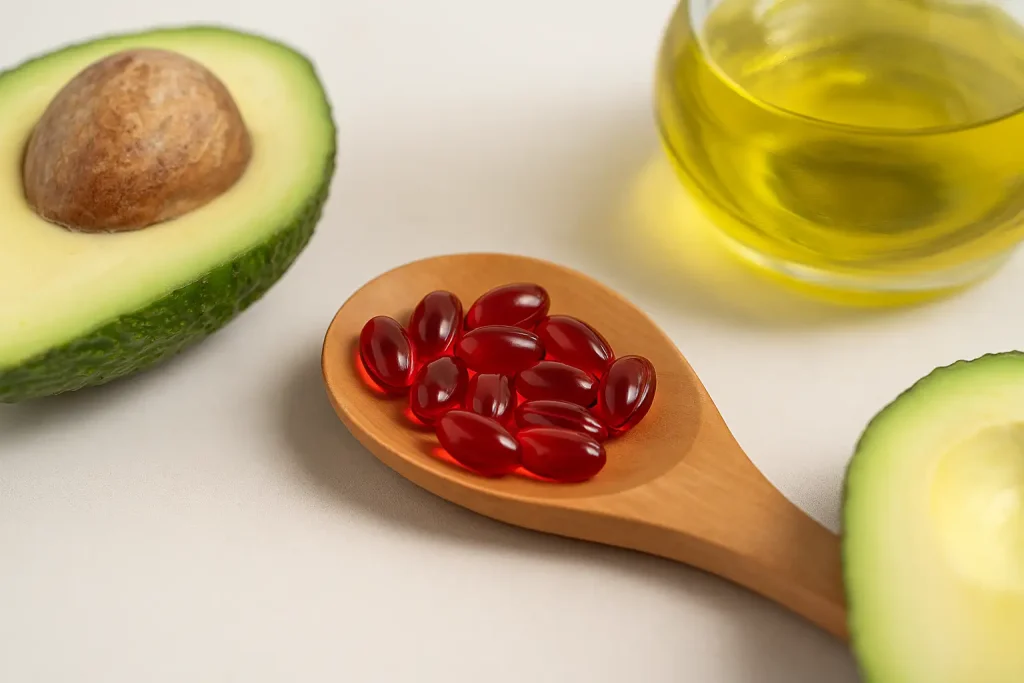 Cápsulas de astaxantina listas para tomar junto a alimentos con grasa saludable.