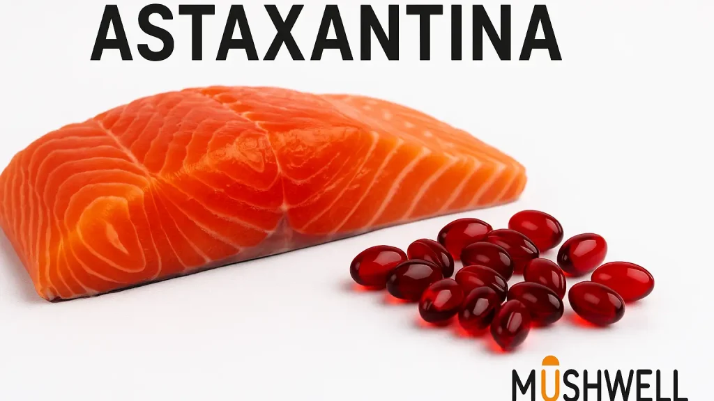 Cápsulas de astaxantina junto a salmón salvaje, fuente natural del antioxidante.