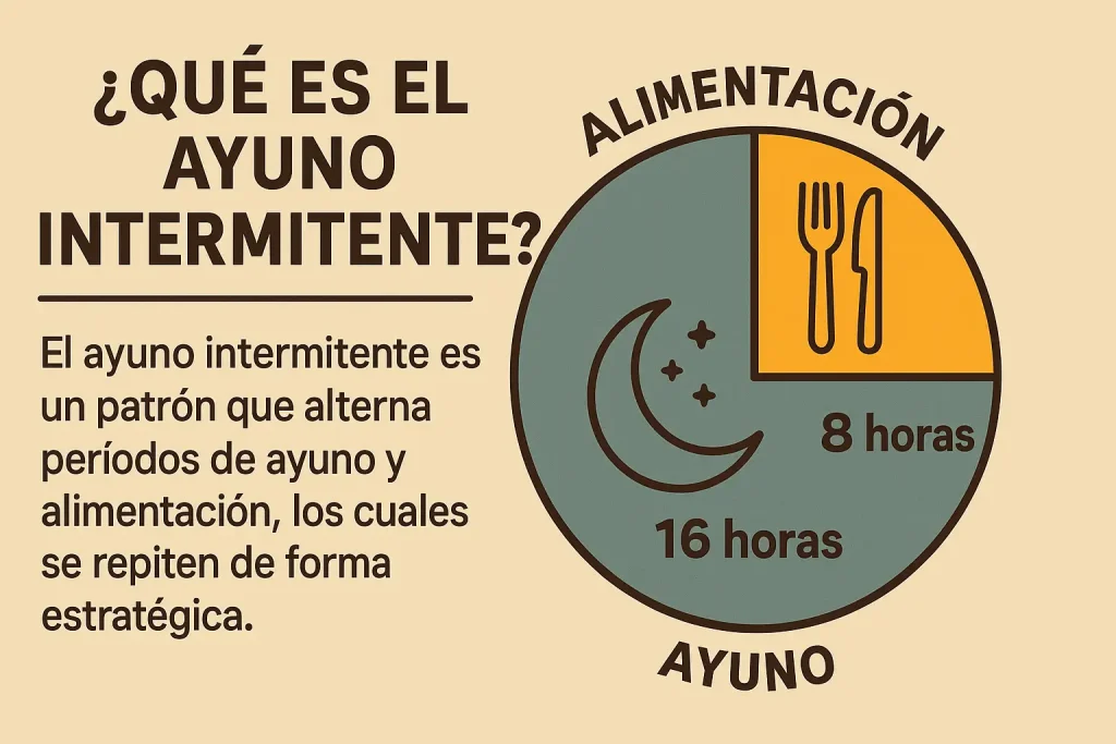 Infografía qué es el ayuno intermitente con esquema 16 h de ayuno y 8 h de alimentación.