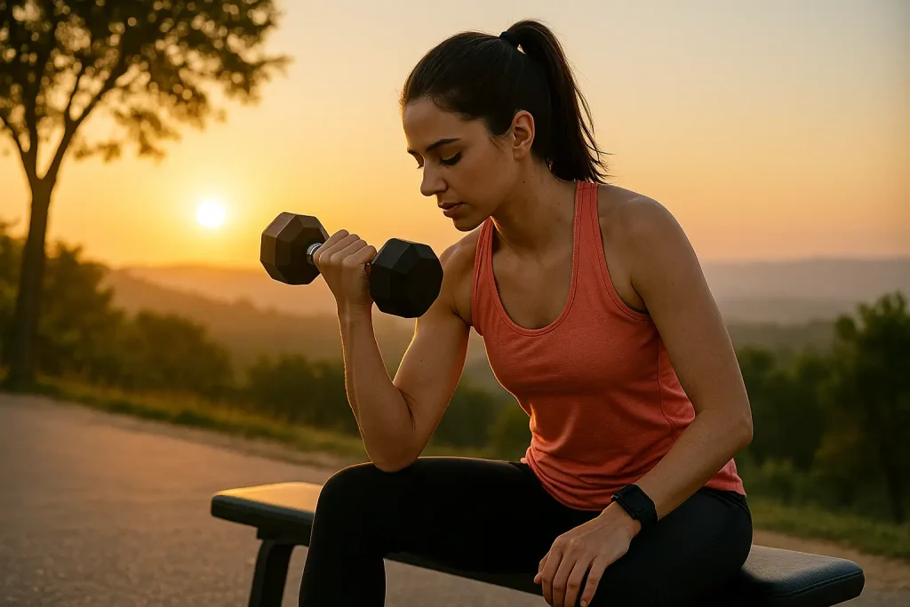 Mujer haciendo curl de bíceps al amanecer; entrenamiento de fuerza en ayunas.