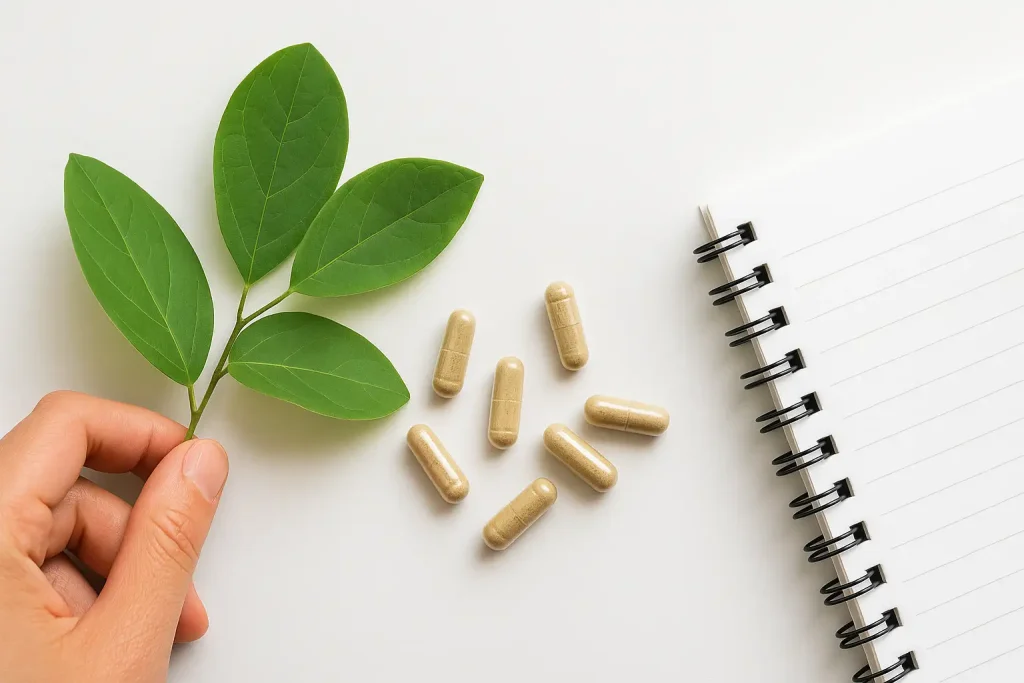 Composición minimalista con elementos de suplemento y planta, estilo biohacking.