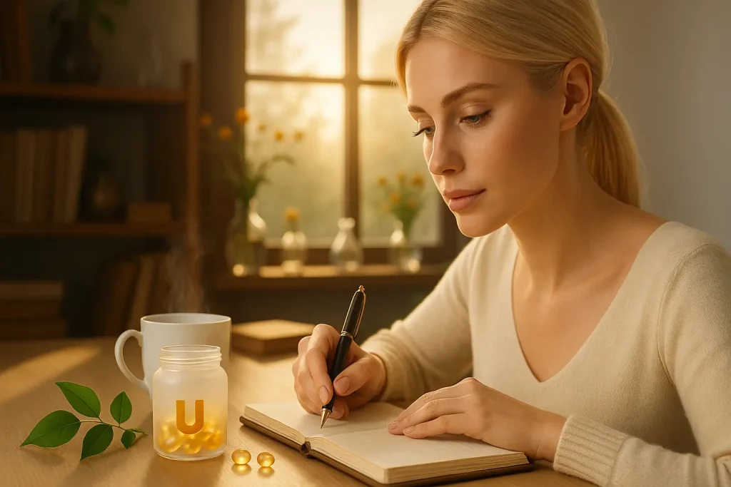Persona escribiendo en un cuaderno con una infusión y cápsulas (bienestar y sueño).