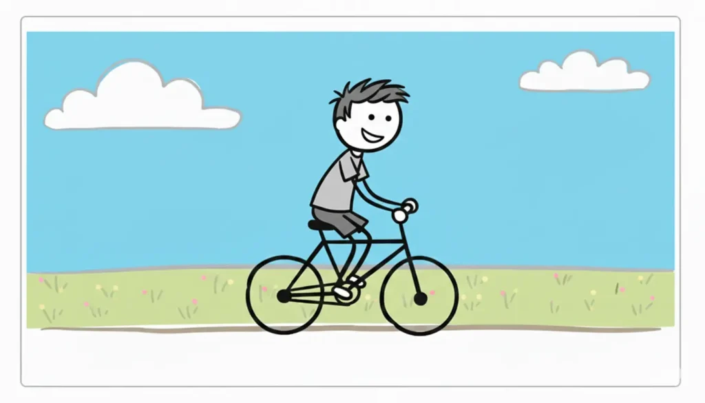 Dibujo de una persona aprendiendo a montar en bicicleta para representar que la confianza se entrena con la práctica