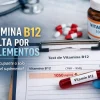 Resultados de analítica médica mostrando vitamina b12 alta por suplementos junto a un frasco de pastillas y tubo de sangre.