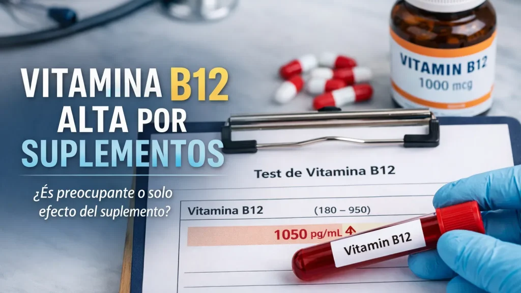 Resultados de analítica médica mostrando vitamina b12 alta por suplementos junto a un frasco de pastillas y tubo de sangre.