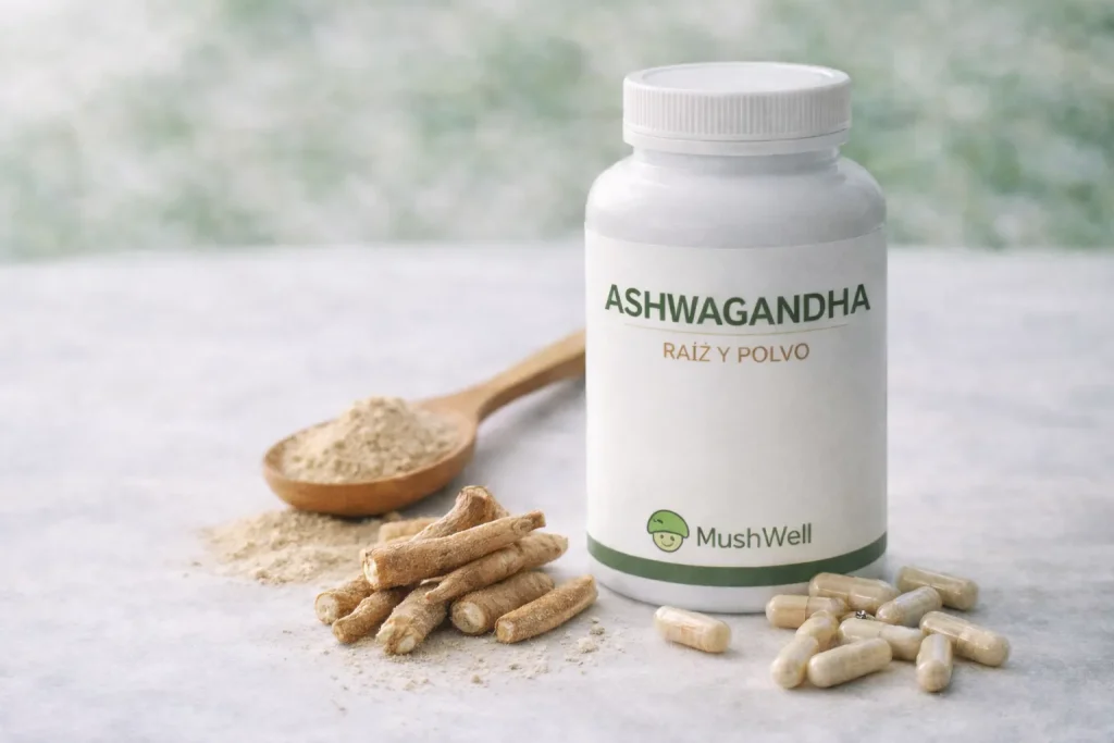 Frasco de ashwagandha con cápsulas
