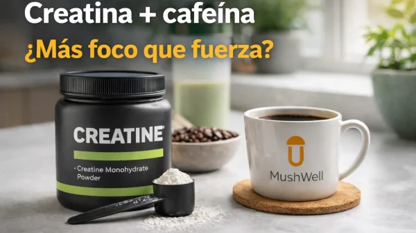 Bote de creatina junto a una taza de café con el logo de MushWell en una portada sobre creatina y cafeína
