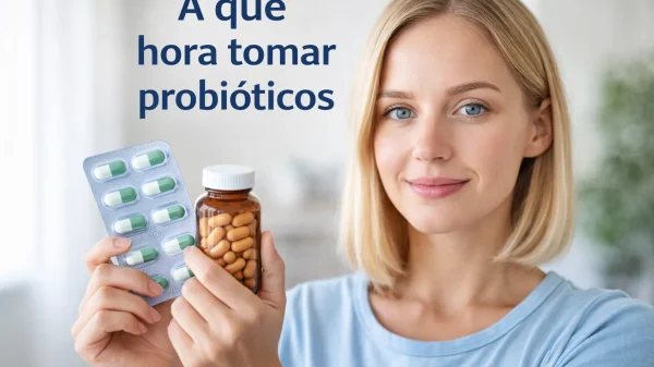 Mujer sosteniendo suplementos para ilustrar a qué hora tomar probióticos