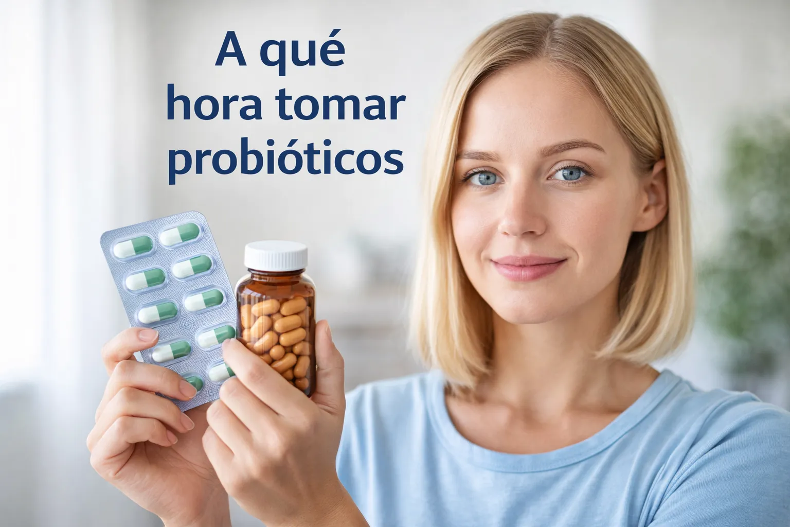 Mujer sosteniendo suplementos para ilustrar a qué hora tomar probióticos