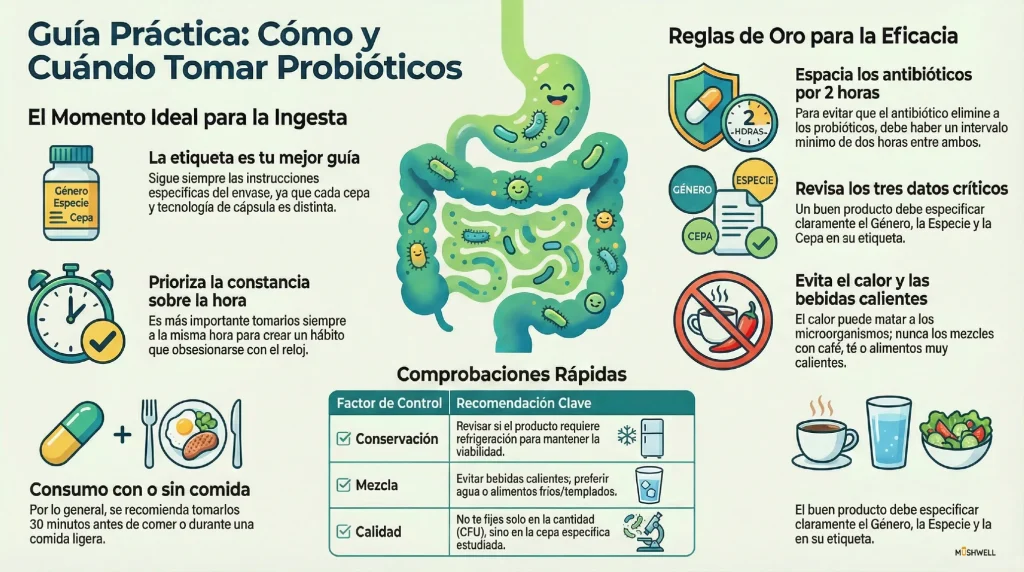 Infografía sobre cómo y cuándo tomar probióticos, con consejos sobre horario, toma con comida, separación de antibióticos y conservación correcta.