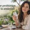 Mujer en un entorno natural sosteniendo un blíster de probióticos para ilustrar un artículo sobre el mejor probiótico para la ansiedad