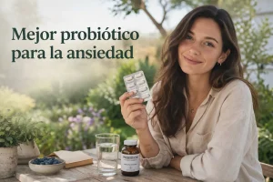 Mujer en un entorno natural sosteniendo un blíster de probióticos para ilustrar un artículo sobre el mejor probiótico para la ansiedad