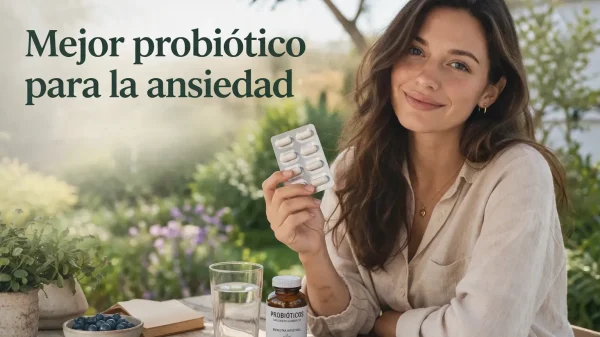 Mujer en un entorno natural sosteniendo un blíster de probióticos para ilustrar un artículo sobre el mejor probiótico para la ansiedad